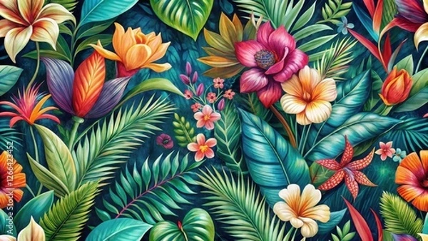 Fototapeta Vibrant Tropical Floral Design Featuring Lush Green Foliage and a Multitude of Exotic Blooms in a Seamless Pattern Ideal for Textile, Wallpaper, and Fabric Applications