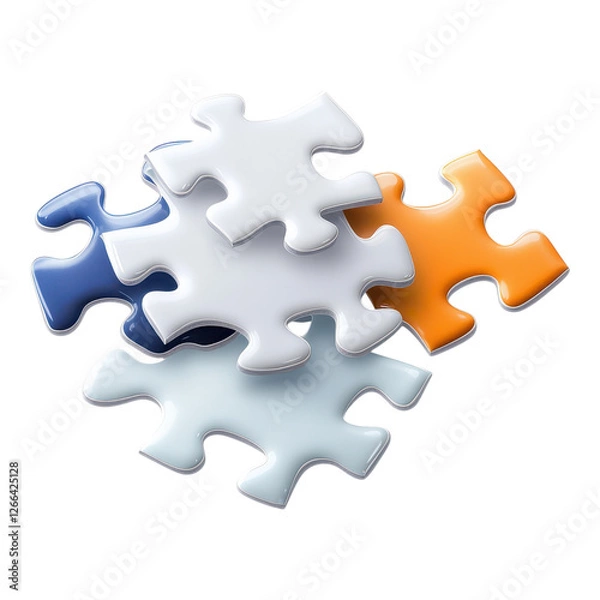 Obraz Four colorful puzzle pieces together on a white background representing teamwork and problem solving skills.