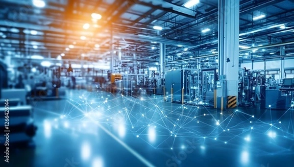 Obraz Industrial factory floor with digital network overlay