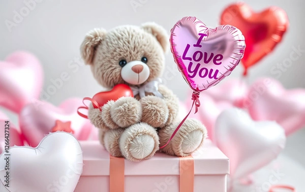 Fototapeta A soft and highly detailed 3D teddy bear with fluffy fur sits on a pastel-colored gift box, holding a heart-shaped balloon with ‘I Love You’ written in elegant cursive. 