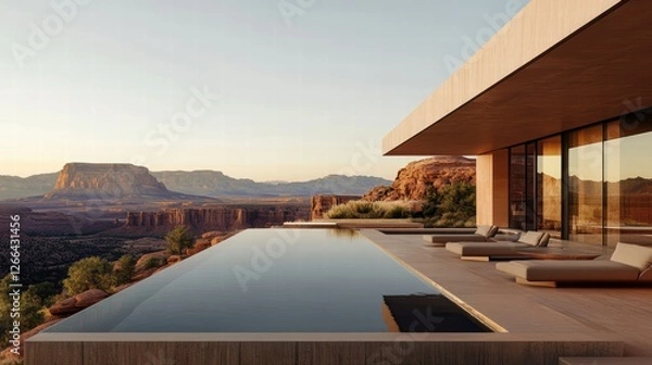 Obraz Competition-winning rooftop design, where a sleek infinity pool extends over red rock formations, surrounded by modern beige seating, a perfect desert sanctuary