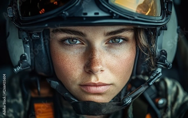 Fototapeta Determined Female Pilot with Helmet and Intense Gaze in Cockpit