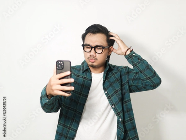 Obraz Adult Asian man showing stress expression while holding mobile phone isolated on white background