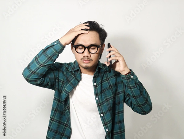 Obraz Adult Asian man showing stress expression while holding mobile phone isolated on white background
