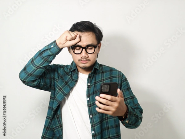 Obraz Adult Asian man showing stress expression while holding mobile phone isolated on white background