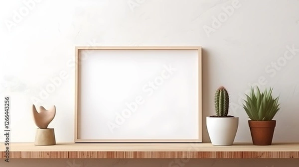 Fototapeta Modern Minimalist Home Decor Blank Frame Succulents and Abstract Sculpture on Wooden Shelf