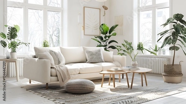 Fototapeta Interior of beautiful living room with comfortable sofa, tropical plants, shelf and coffee table