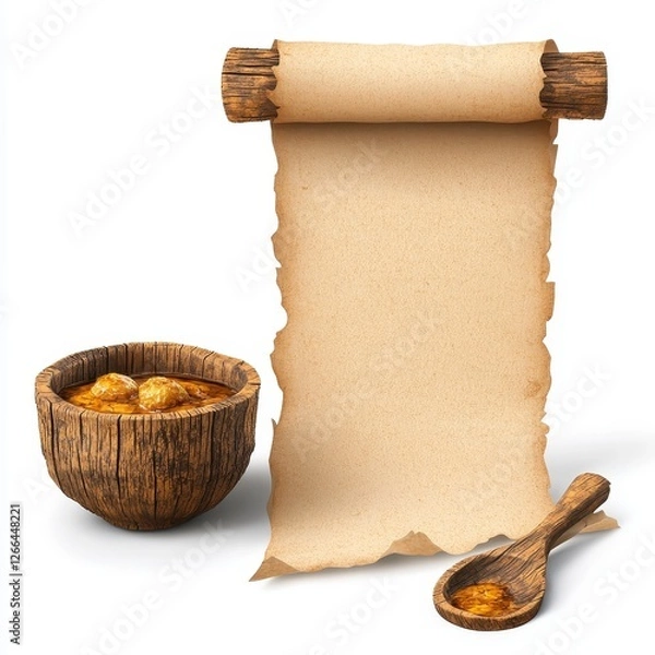 Fototapeta Rustic Wooden Bowl Of Soup With Antique Scroll And Spoon, Generative AI.
