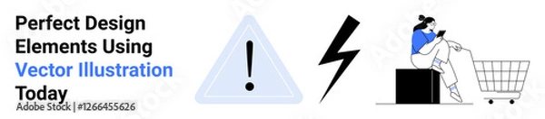 Fototapeta Alert triangle, lightning bolt, woman sitting on a box using phone beside shopping cart. Ideal for safety, energy, e-commerce, technology, shopping, warnings and modern design flat landing page
