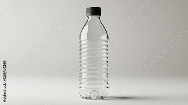 Fototapeta Bottle of water with a black cap placed on a wooden table in natural light environment