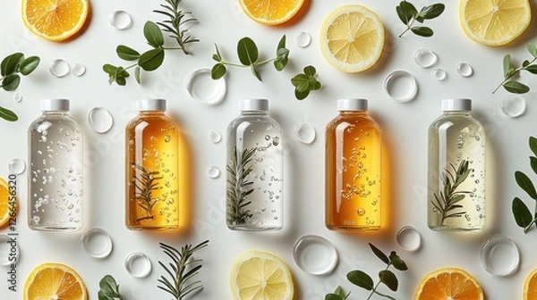 Fototapeta Group of assorted bottles filled with liquid lemons and fresh herbs on a wooden surface