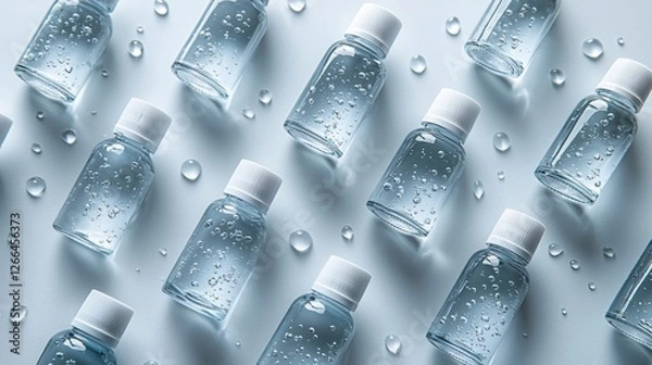 Fototapeta Collection of water bottles with condensation and water droplets on the surface in a bright environment