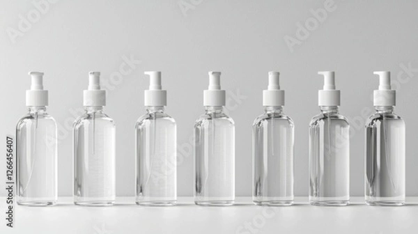 Fototapeta Row of clear plastic bottles with white caps arranged neatly on a white background