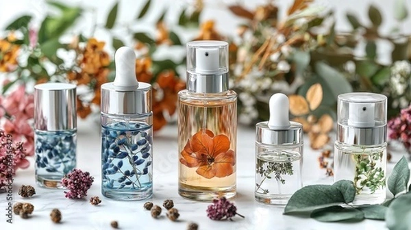Fototapeta Variety of perfume bottles arranged with colorful flowers in a soft background for a vibrant display