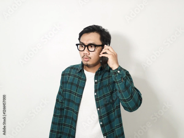 Obraz Asian man showing sad expression when answering a phone call isolated on white background