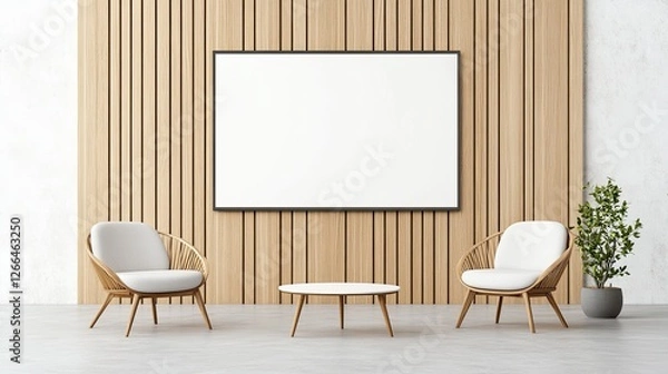 Fototapeta Modern minimalist living room with wooden wall, empty frame, and stylish furniture setup