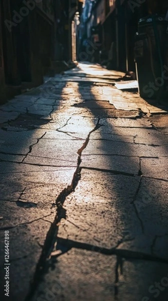 Obraz Narrow Street with Cracked Pavement and Warm Sunlight Reflection
