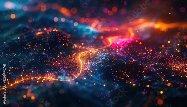 Obraz Wonderful night view futuristic international telecommunication network, concept about global data transfer, background with colourful abstract dynamic gradient line flows connecting cityspace