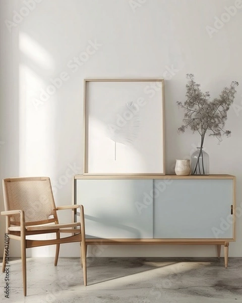 Fototapeta A light blue cabinet with a sliding door. a woven chair. and a framed botanical print. bathed in sunlight