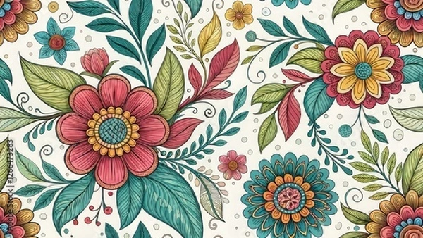 Fototapeta Panoramic Floral Doodle Website Background, Beautiful Flower Doodles, Pretty Floral Design, Website Banner, Web Background Design
