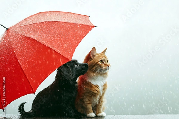 Fototapeta Adorable ginger cat and black labrador puppy sheltering together under a red umbrella in the rain looking up