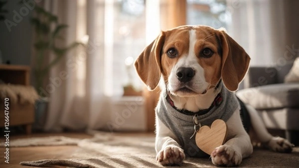Obraz A beagle resting on a rug with a heart-shaped tag, basking in natural light.