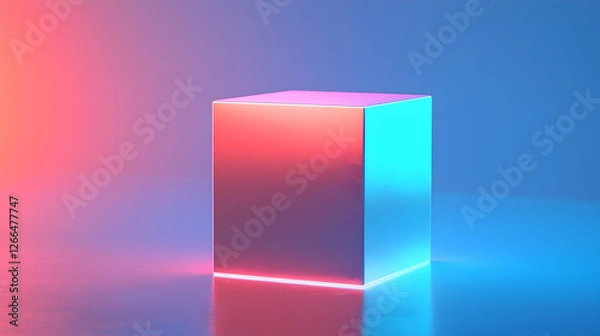 Fototapeta Abstract Cube with Reflective Surface and Vibrant Neon Light Effect
