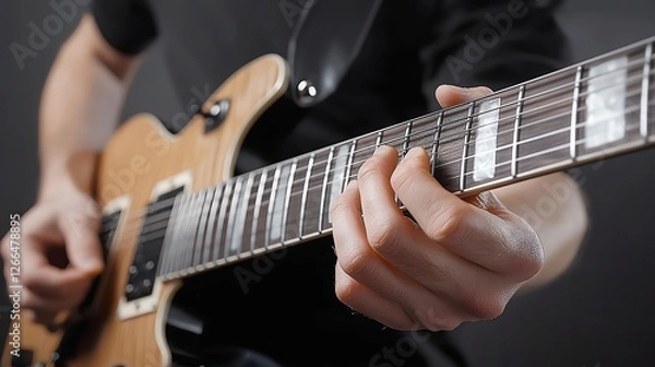 Fototapeta Close-up of hands playing electric guitar, capturing the essence of music and creativity.