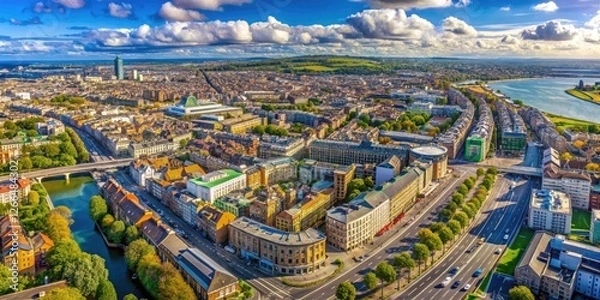 Fototapeta Detailed Dublin street network and panoramic city views are displayed on this high-resolution aerial satellite map.