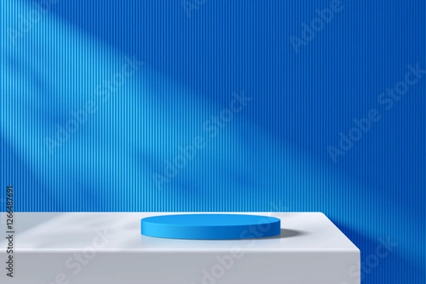Obraz 3D blue podium white table background with vertical pattern wall. Abstract composition minimalist design. Studio display showroom cosmetic stand product pedestal, Fashion stage showcase mockup scene.