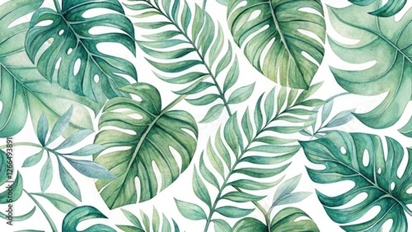 Fototapeta Vintage Green Watercolor Leaf Wallpaper Pattern Design - Abstract Botanical Background