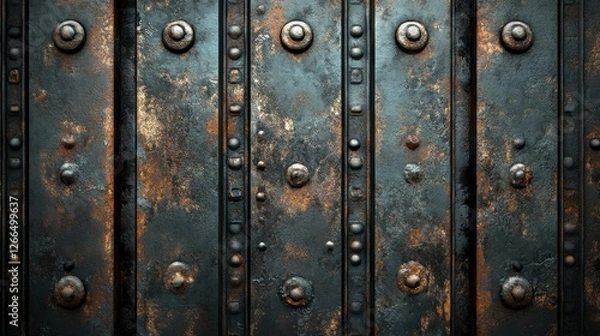 Fototapeta Rusty Metal Door with Textured Surface and Decorative Rivets