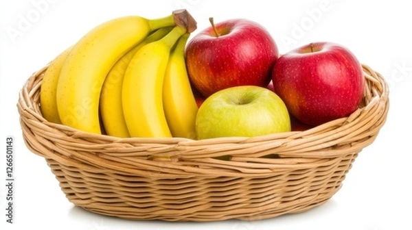 Fototapeta Bananas and Apples in Woven Basket with Ripe Red and Green Fruits on White