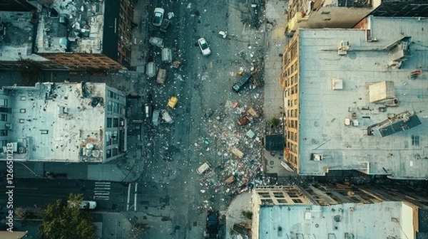 Obraz Urban Aerial View of Abandoned Street with Trash and Debris