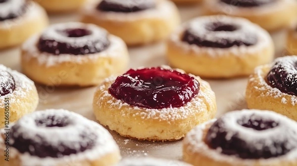 Fototapeta Freshly Baked Thumbprint Cookies with Jam and Powdered Sugar