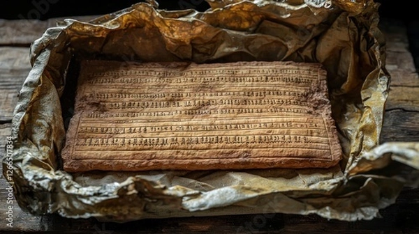 Fototapeta Ancient clay tablet wrapped in aged paper on rustic wood