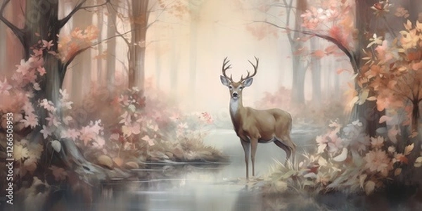 Fototapeta Buck in Autumn Forest, standing beside creek. Background leaves color change. For travel, hunting blog