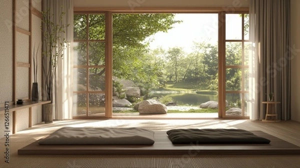 Fototapeta Tranquil Zen Room With Serene Nature View and Natural Light
