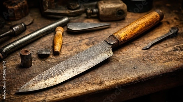 Obraz Rustic knife on aged workbench, surrounded by tools