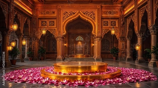 Obraz Gold Podium with lotus petals and lanterns in an Indian palace courtyard, royal archway