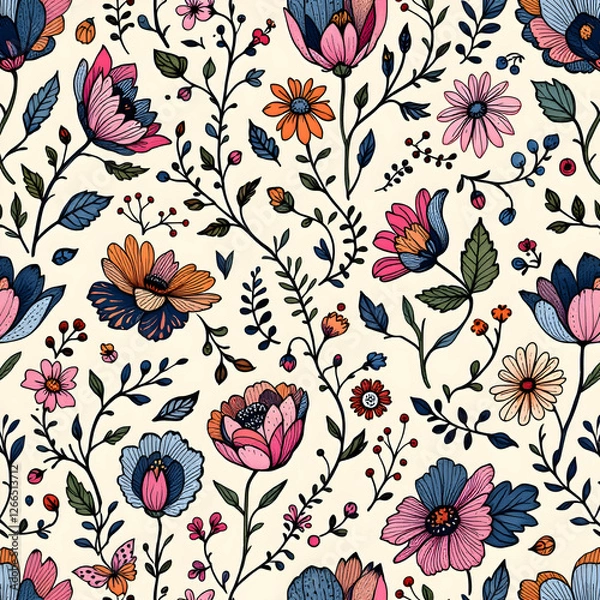 Fototapeta A Summer Garden Bloom: A Whimsical Floral Pattern with Vibrant Colors
