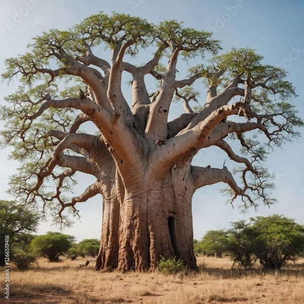 Obraz A massive ancient baobab tree with a thick trunk and sprawling branches on a pure white background.
