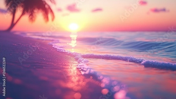 Obraz Serene Sunset on Tropical Beach: Pink Hues and Gentle Waves