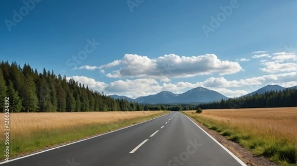 Fototapeta arafed road with a mountain in the distance and a field of grass