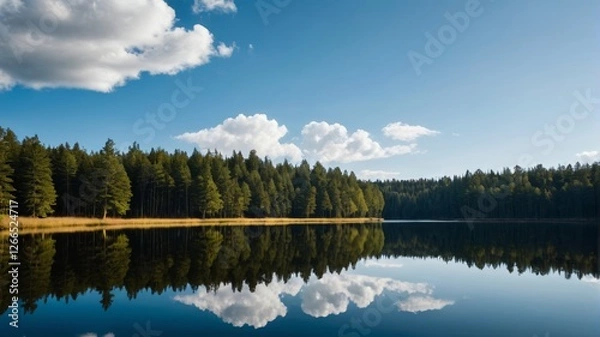 Fototapeta trees are reflected in the water of a lake with a blue sky