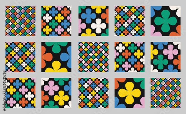 Fototapeta Floral pattern collection with clover shapes and colorful petals on white background. Seamless geometric vector set in retro style. High quality illustrations for decor