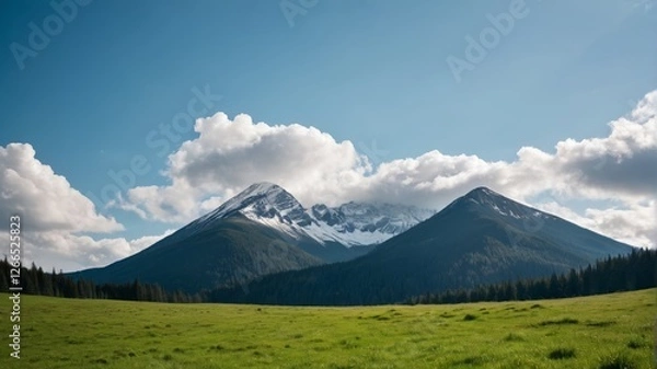 Fototapeta mountains with snow on them and a green field with trees