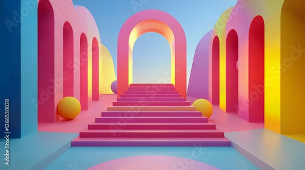 Fototapeta Colorful Archways and Stairway with Spheres 3d Rendering Background