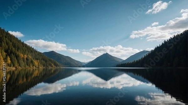 Fototapeta there is a lake with a mountain in the background and a few clouds in the sky