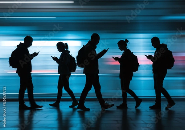 Fototapeta 駅や都会の移動中にスマートフォンを操作する人々のシルエット・デジタル社会・スマホ依存